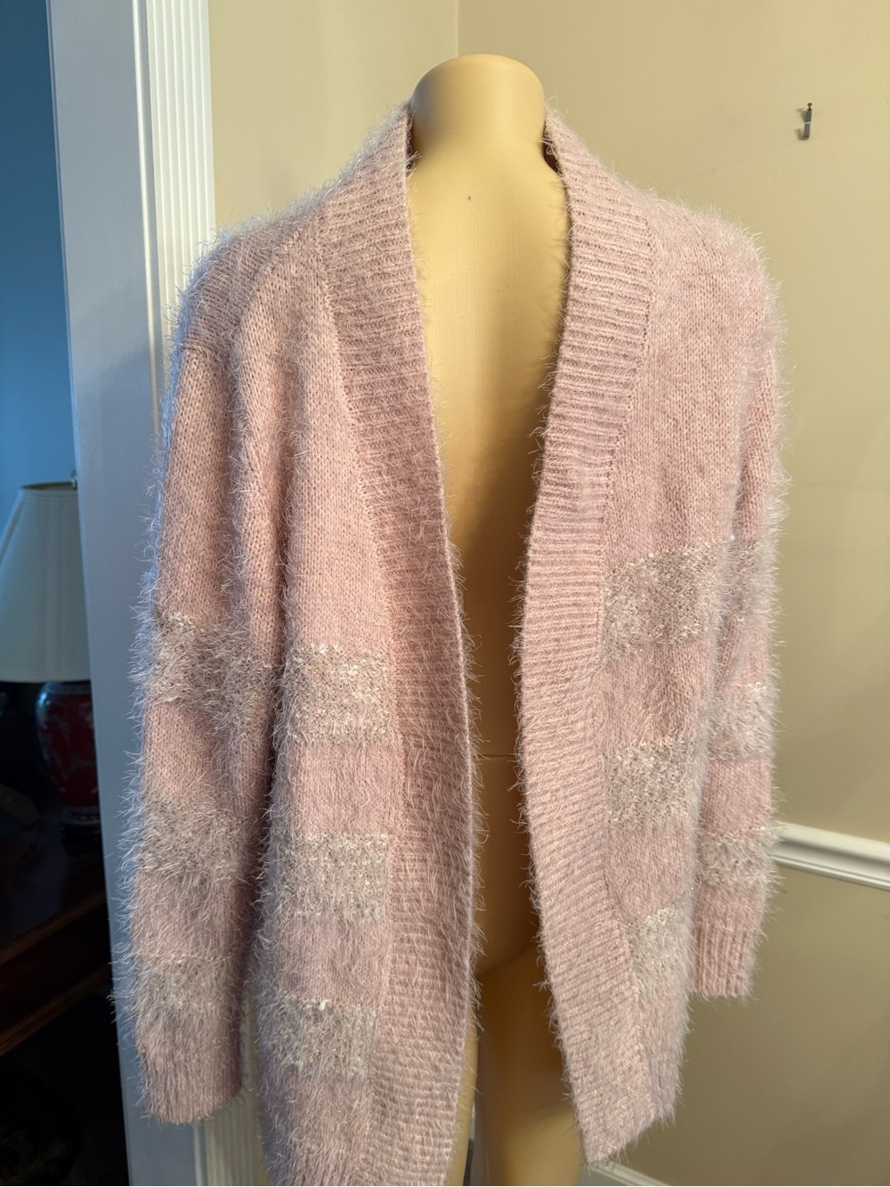 Massini Pink Fuzzy Open-Front Cardigan with Cream Stripe Detail